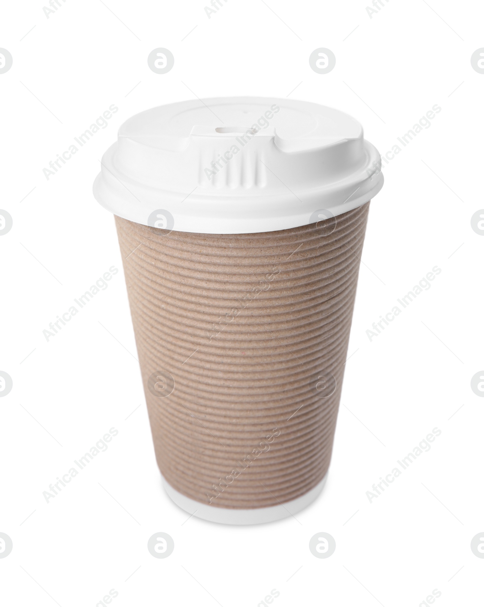 Photo of Paper cup with plastic lid isolated on white. Coffee to go