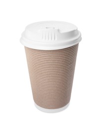 Paper cup with plastic lid isolated on white. Coffee to go