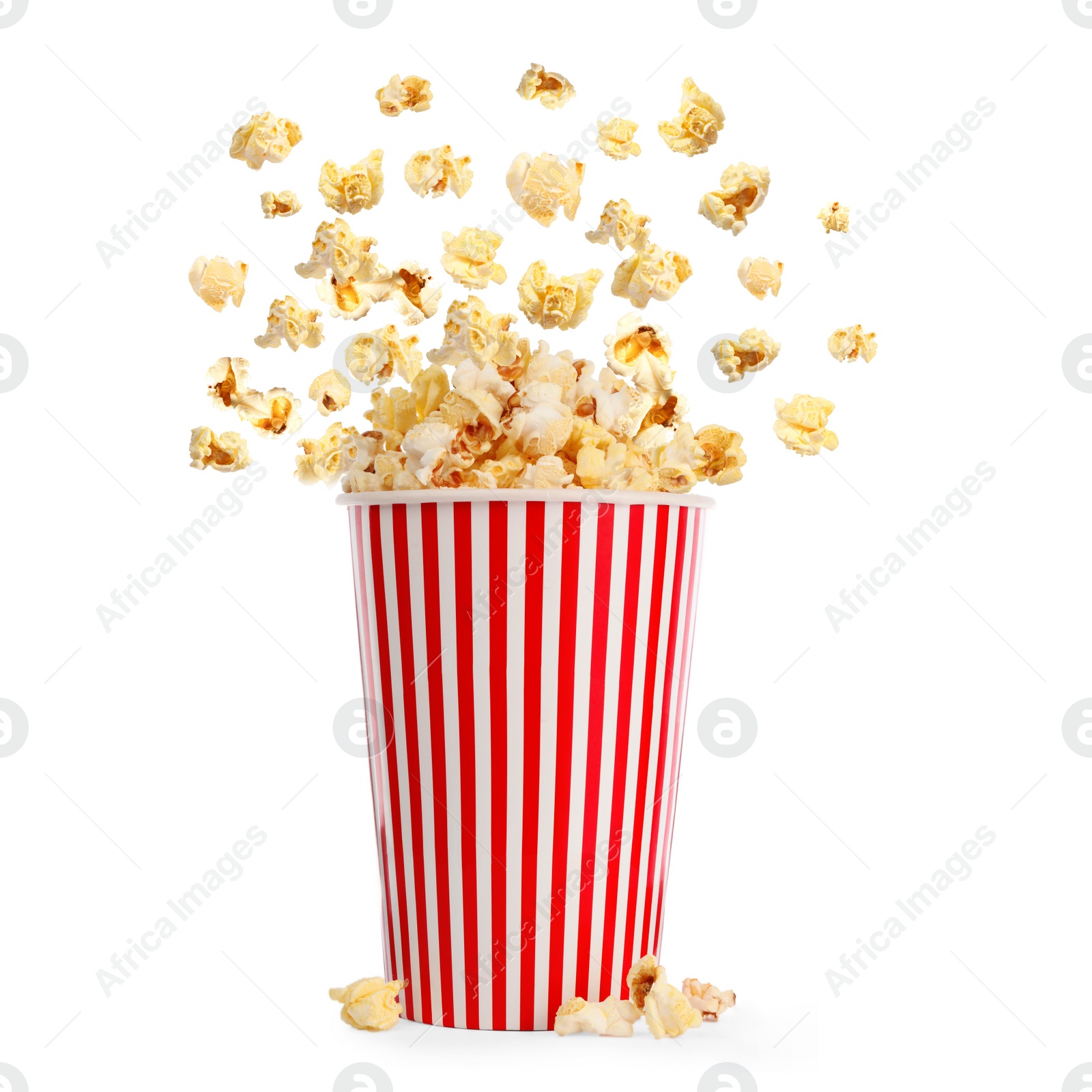 Image of Popcorn flying into bucket on white background