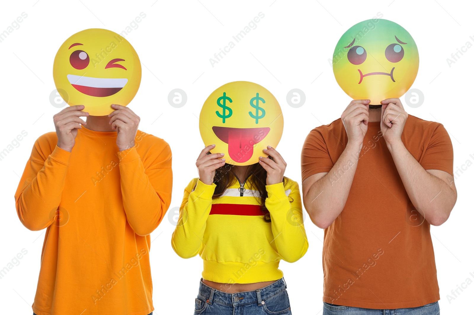 Photo of People covering faces with emoticons on white background