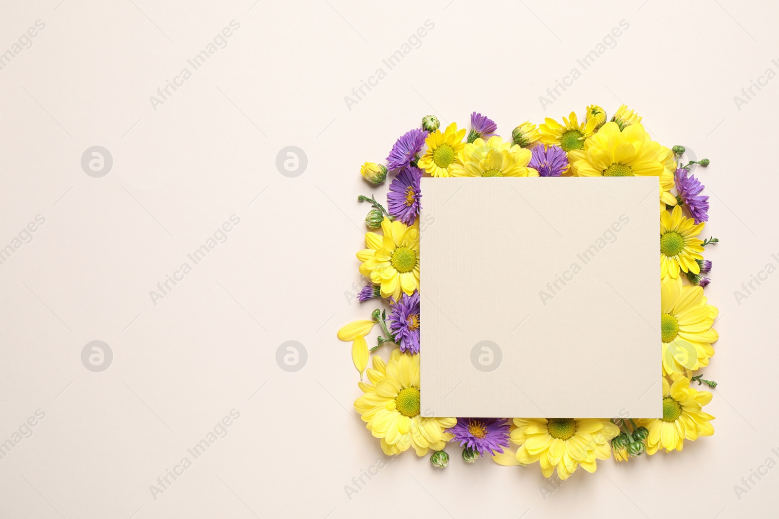 Photo of Beautiful chamomile flowers and paper card on beige background, flat lay with space for text