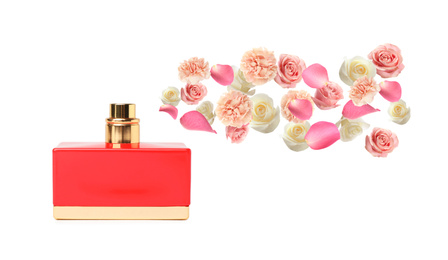 Perfume with floral scent on white background