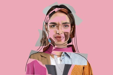 Image of Combined portrait of woman on pink background. Art collage with parts of different people's photos