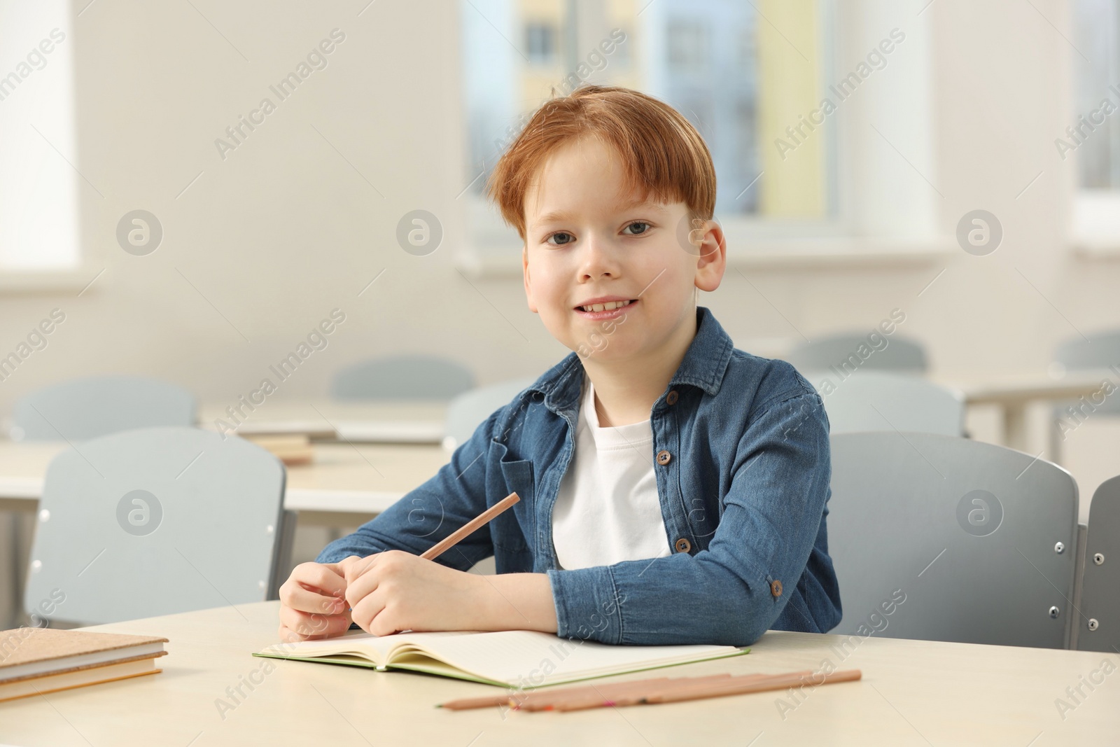 Photo of Portrait of smiling little boy studying in classroom at school