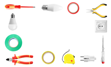 Image of Frame of different electrician's tools and equipment on white background