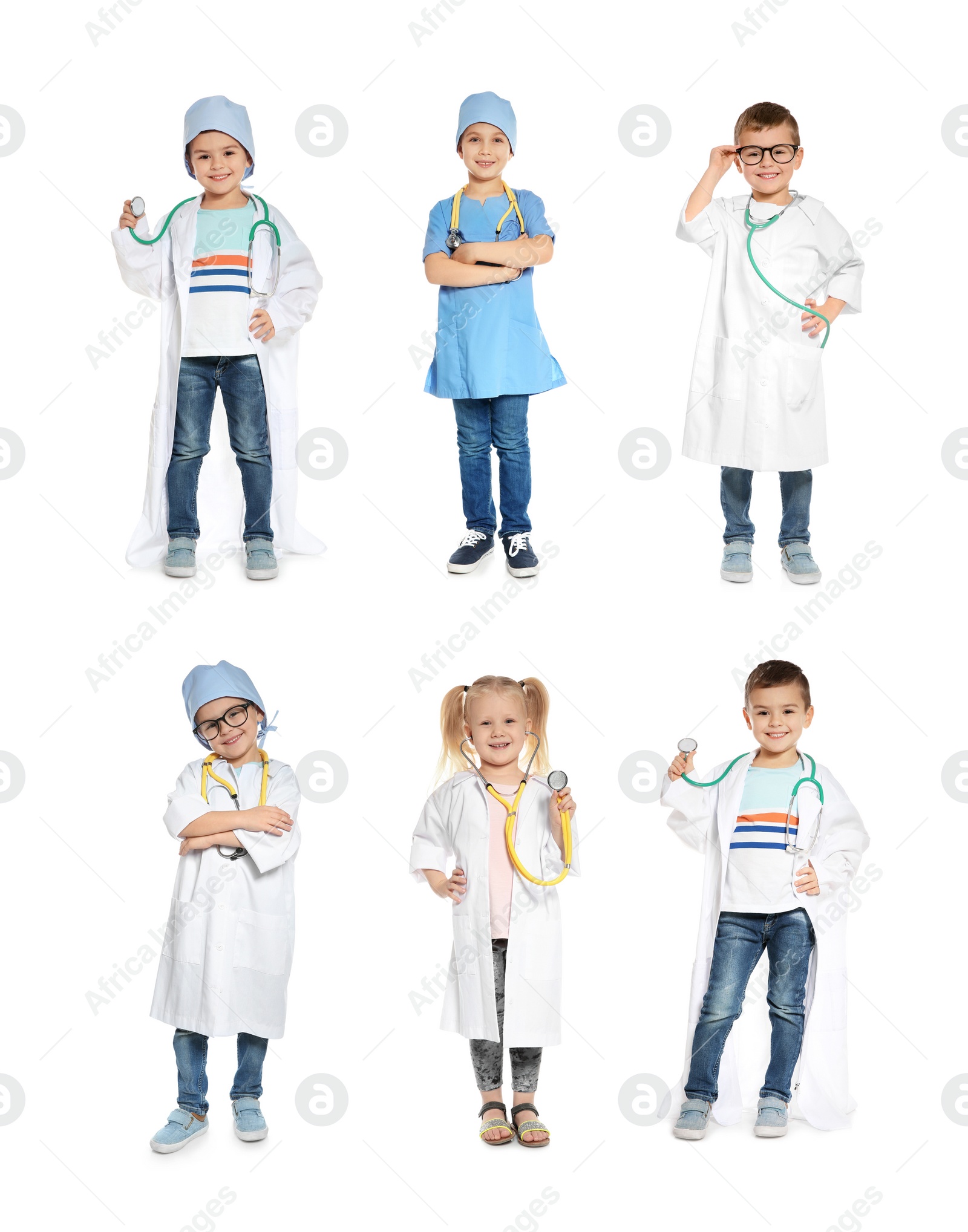 Image of Collage of cute little children wearing doctor uniform costumes playing on white background