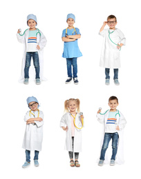 Image of Collage of cute little children wearing doctor uniform costumes playing on white background