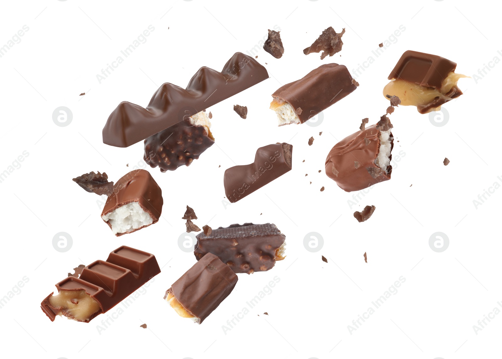 Image of Whole and broken chocolate bars falling on white background