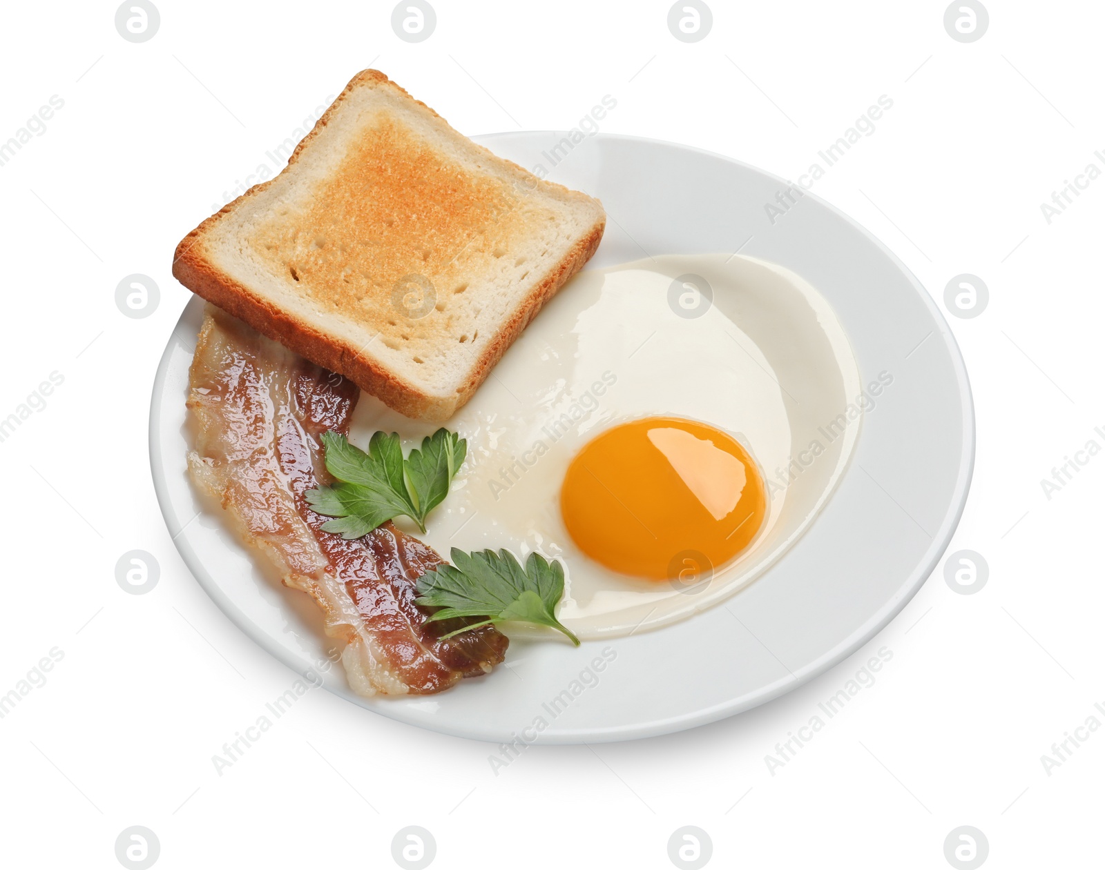 Photo of Tasty fried egg with toast and bacon in plate isolated on white