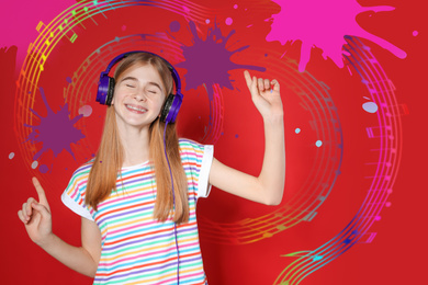 Image of Teen girl listening to music with headphones on color background. Bright notes illustration