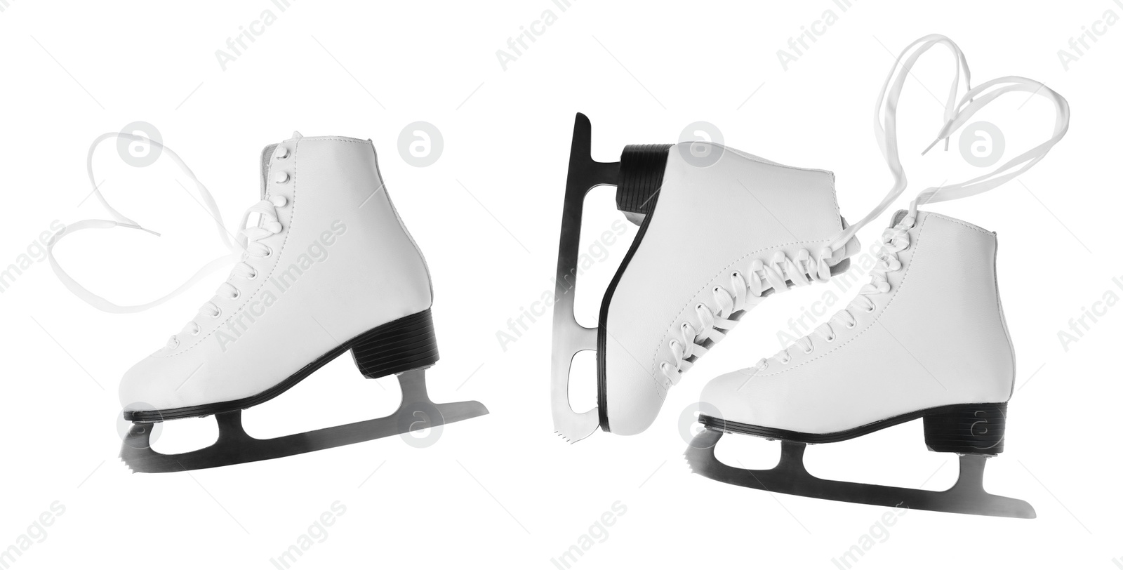 Image of Set with ice skates on white background. Banner design