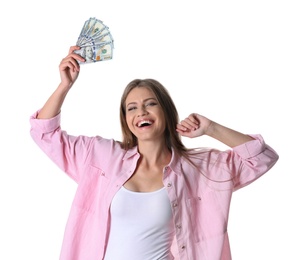 Portrait of happy young woman with money on white background