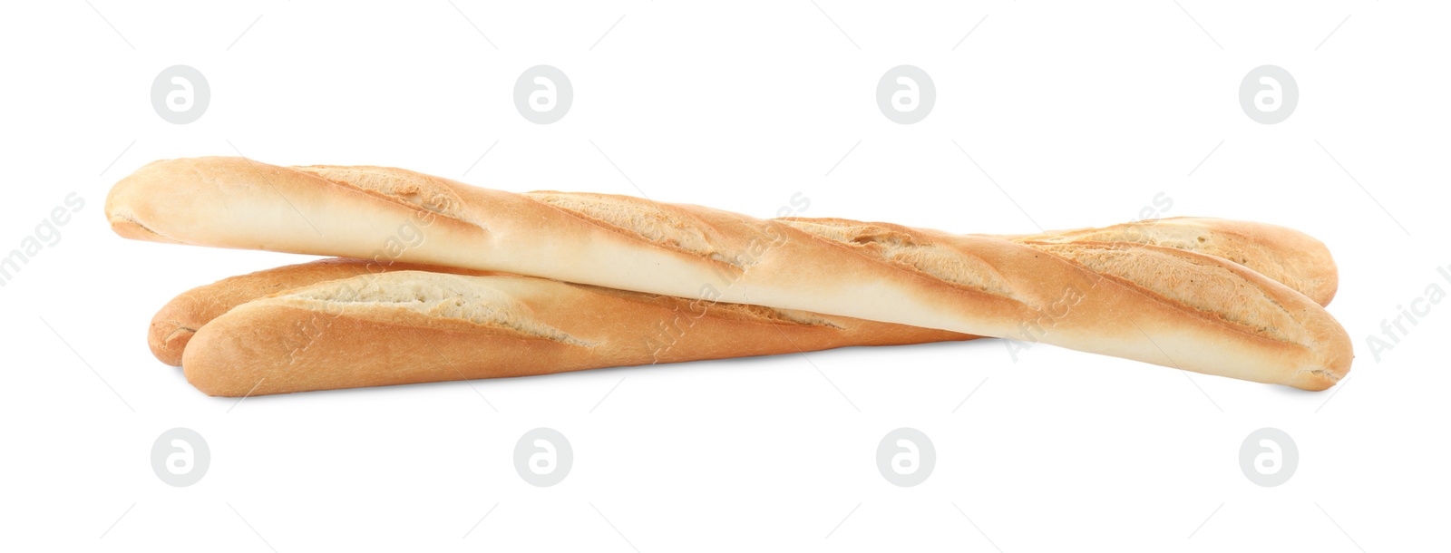 Photo of Tasty baguettes on white background. Fresh bread