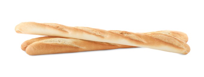 Photo of Tasty baguettes on white background. Fresh bread