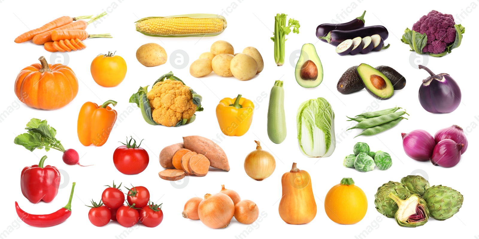 Image of Collection of different fresh vegetables on white background. Banner design