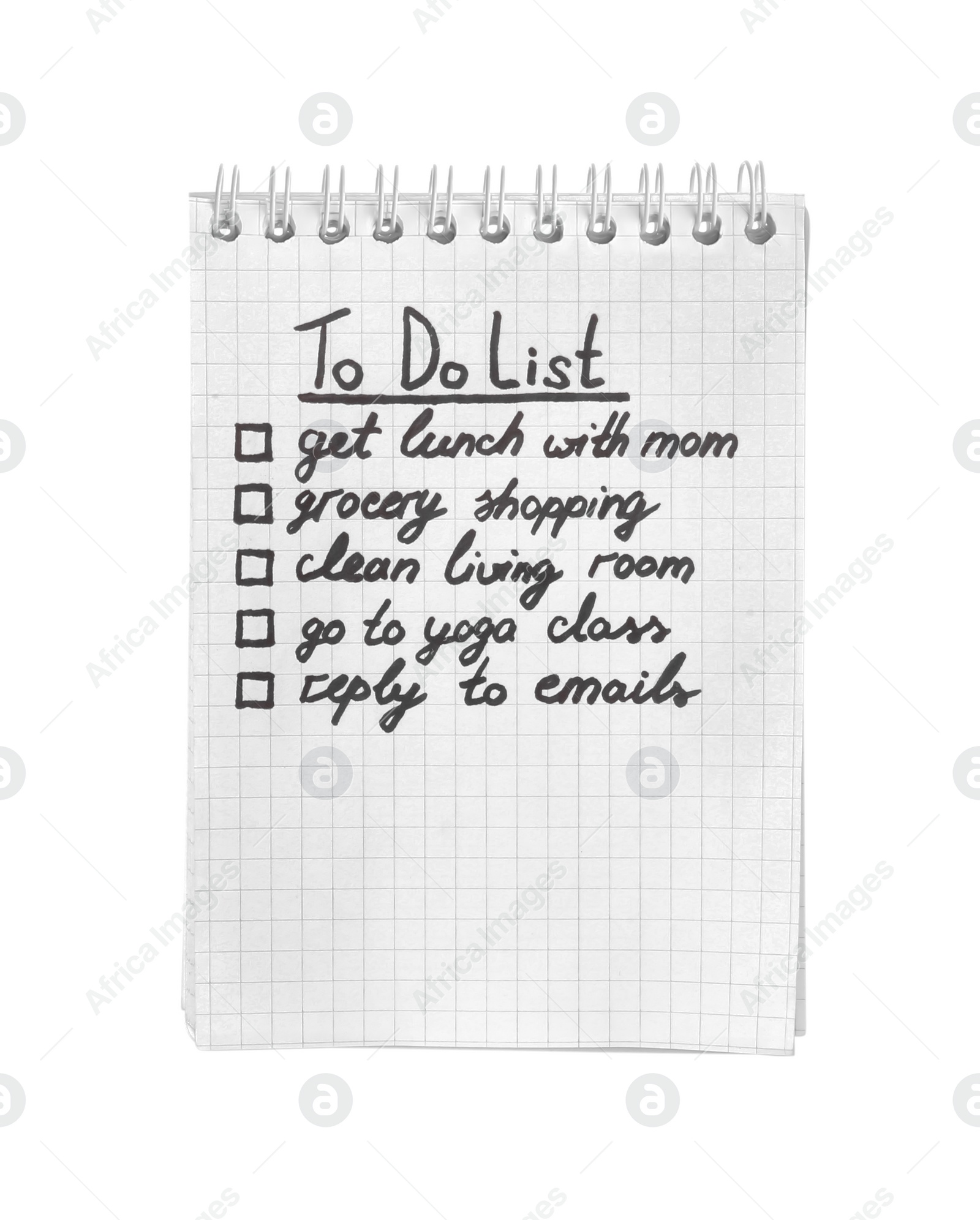 Photo of Notebook with to do list on white background, top view