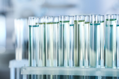 Photo of Test tubes with liquid samples for analysis in laboratory, closeup