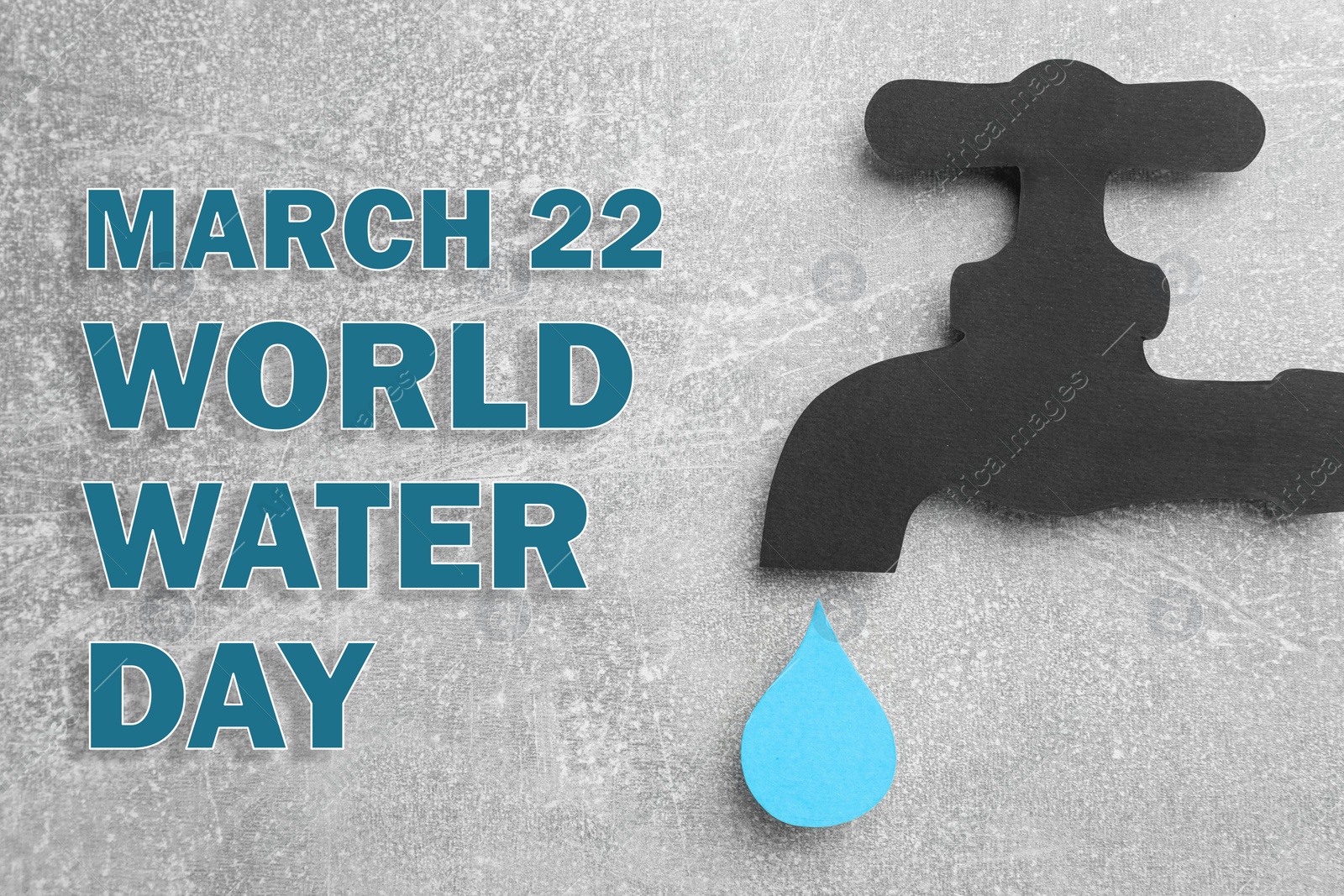 Image of Text World Water Day, March 22 paper tap with drop on light grey background