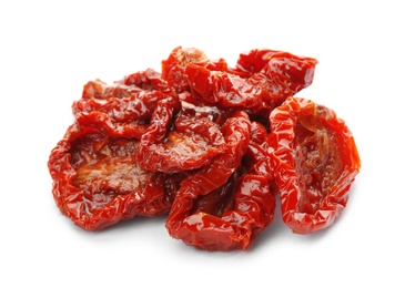 Photo of Tasty sun dried tomatoes on white background