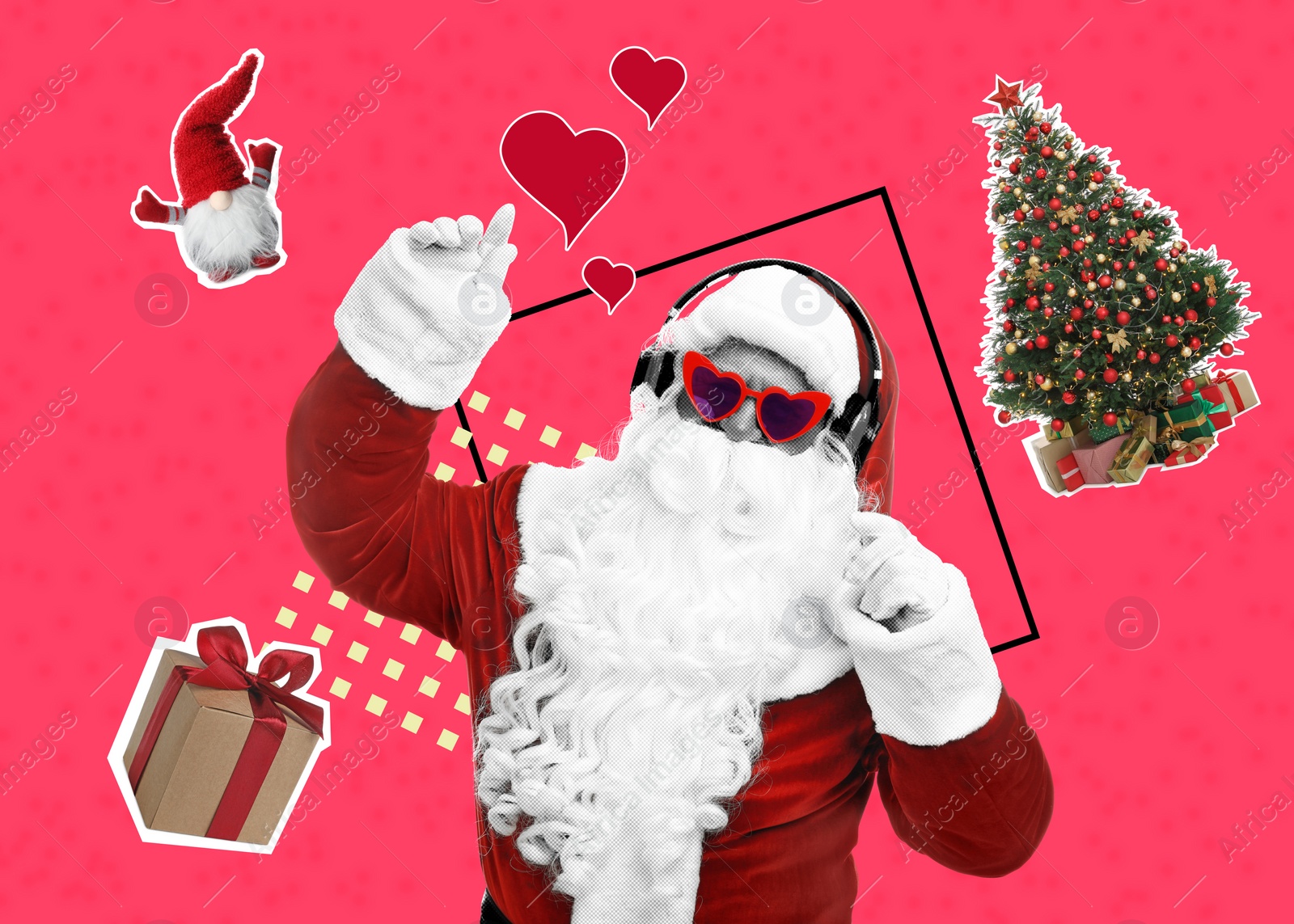 Image of Winter holidays bright artwork. Santa Claus listening to music via headphones, Christmas tree, gift boa and elf against color background, creative collage