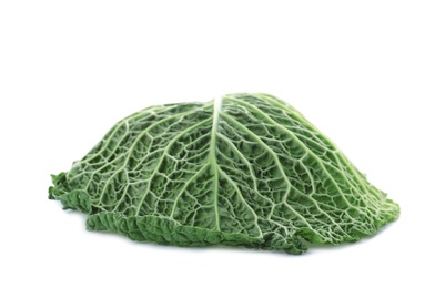 Green leaf of savoy cabbage on white background