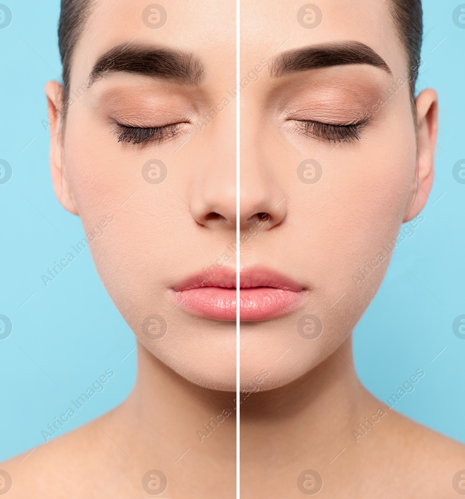 Image of Woman before and after eyebrow correction on light blue background, closeup