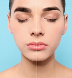 Image of Woman before and after eyebrow correction on light blue background, closeup