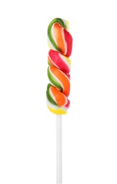 Tasty colorful fruit flavored candy on white background