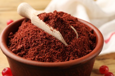 Cranberry powder in bowl and scoop on table, closeup