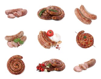 Image of Tasty homemade sausages isolated on white, set