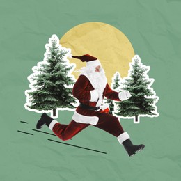 Christmas art collage with Santa Claus running among fir trees on color background