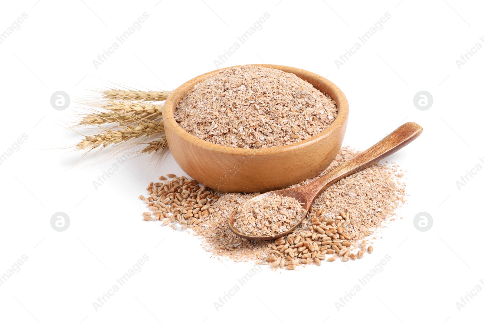 Photo of Wheat bran and spikelets on white background