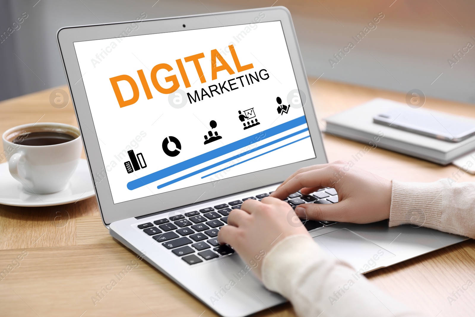 Digital marketing concept. Woman using modern laptop at table Image of Digital marketing concept. Woman using modern laptop at table