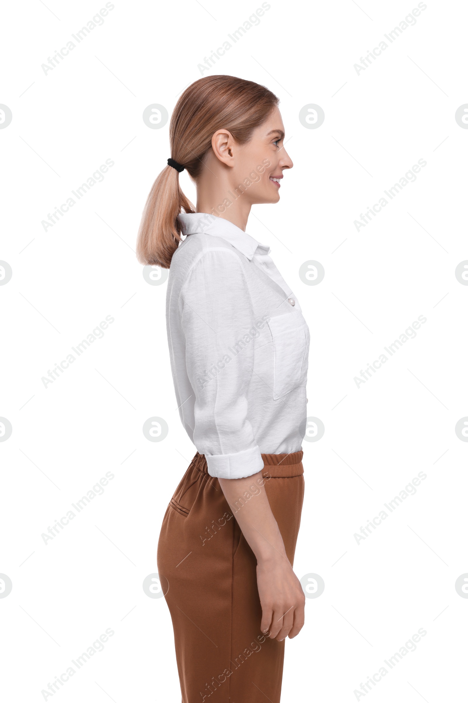 Photo of Portrait of beautiful happy businesswoman on white background