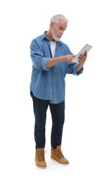 Senior man using tablet on white background