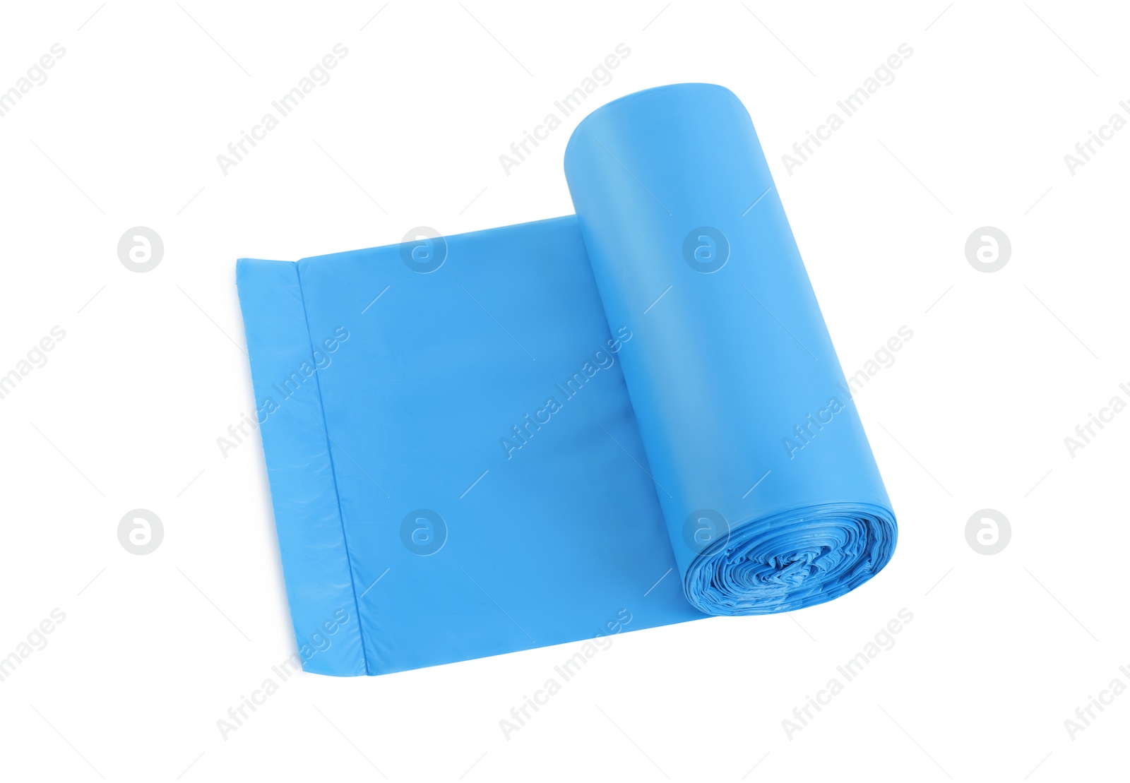 Photo of Roll of turquoise garbage bags on white background. Cleaning supplies