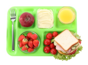 Photo of Serving tray of healthy food isolated on white, top view. School lunch