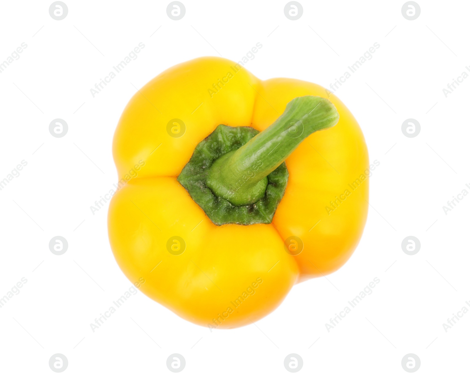 Photo of Ripe yellow bell pepper isolated on white, top view