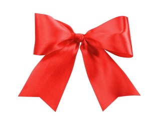 Beautiful red ribbon tied in bow isolated on white, top view