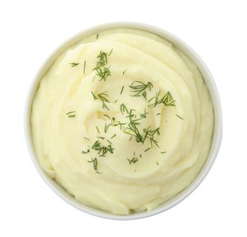 Photo of Bowl with freshly cooked homemade mashed potatoes isolated on white, top view