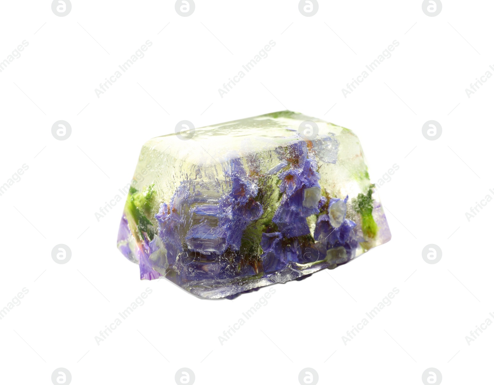 Image of Ice cube with flowers on white background