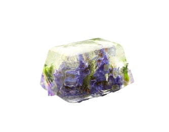 Ice cube with flowers on white background