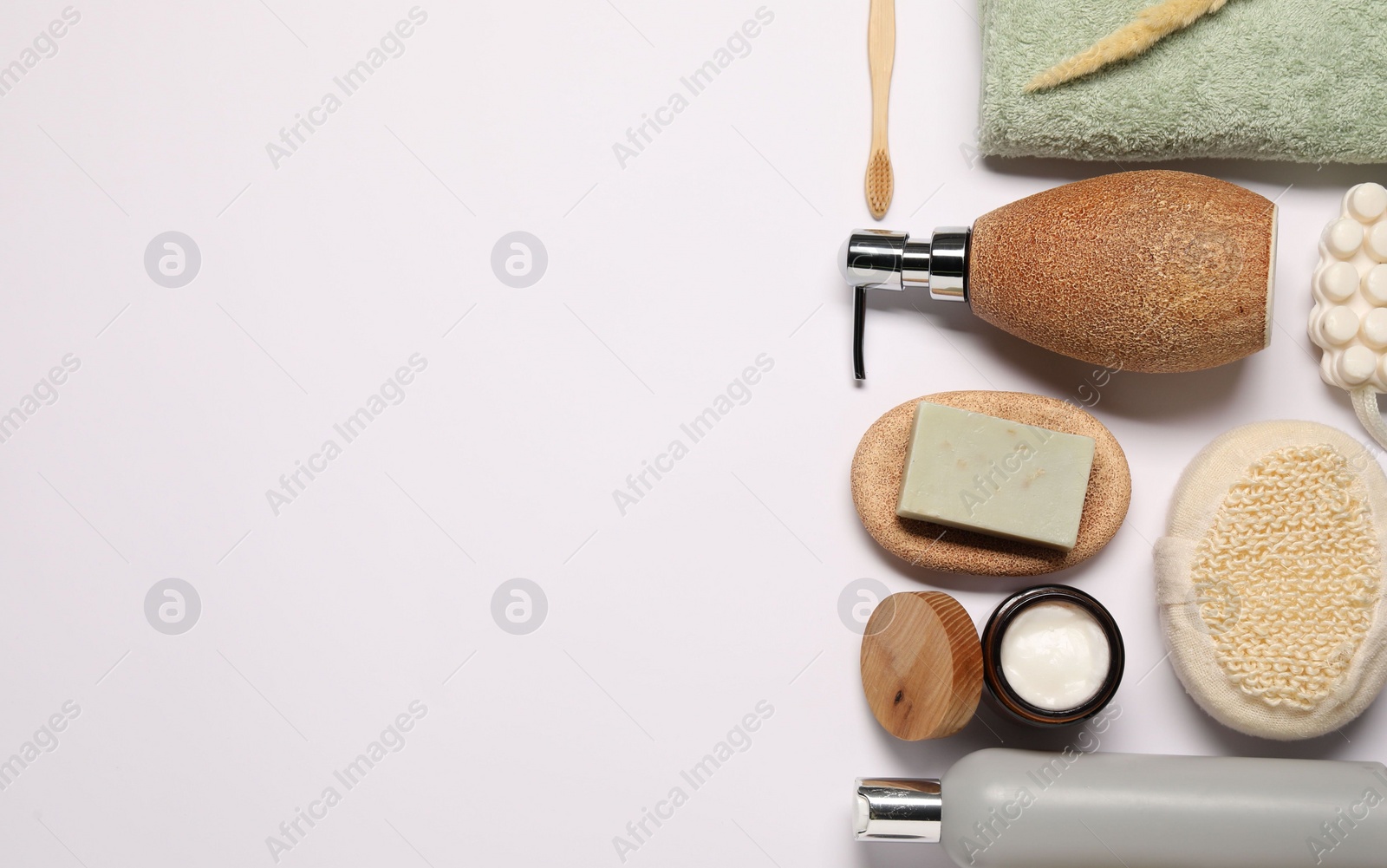 Photo of Bath accessories. Different personal care products and dry spikelet on white background, flat lay with space for text