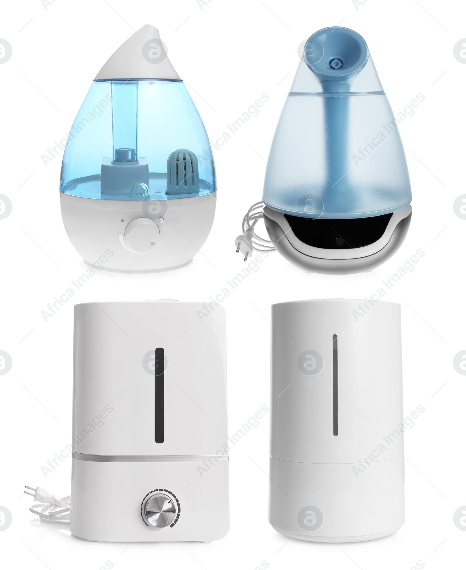 Image of Set of modern air humidifiers on white background