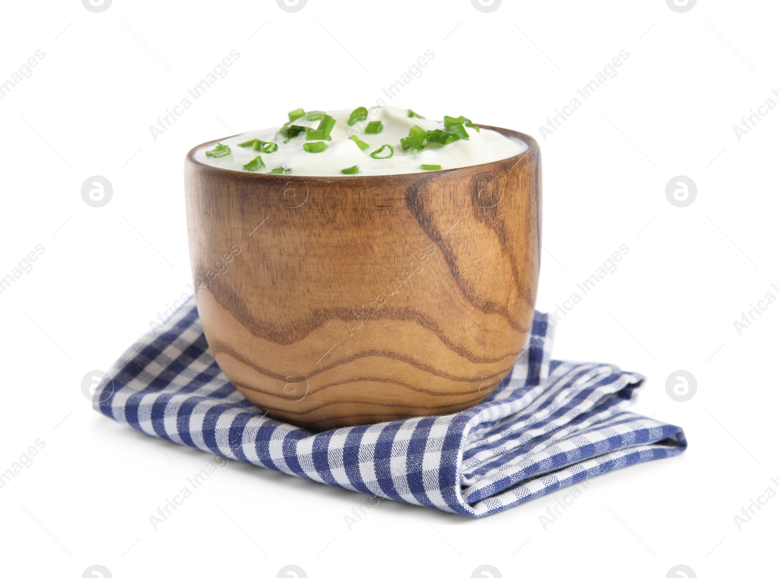 Photo of Fresh sour cream with onion and fabric on white background