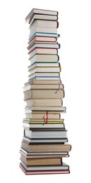 High stack of many different books isolated on white