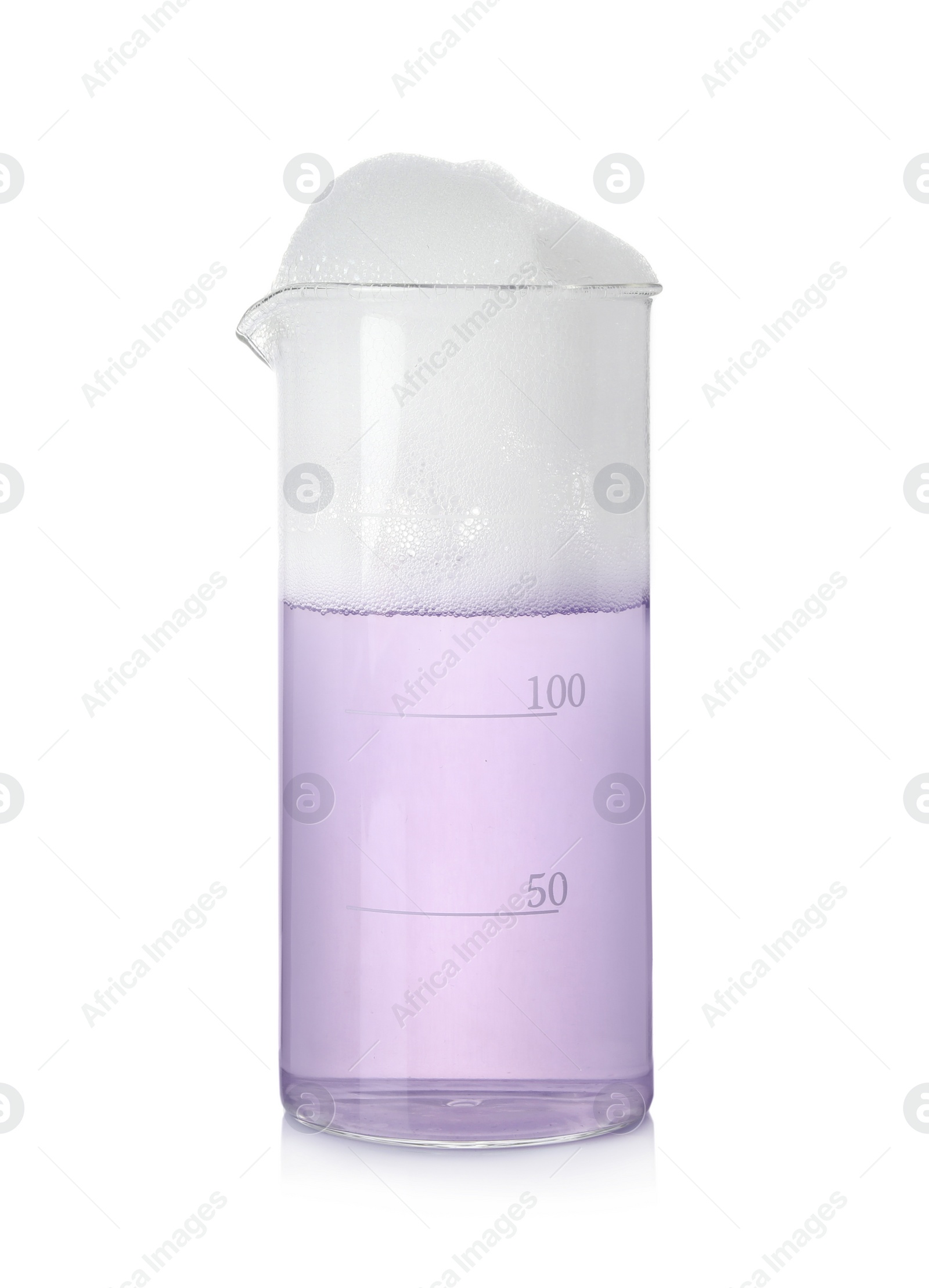 Photo of Laboratory beaker with colorful liquid isolated on white. Chemical reaction