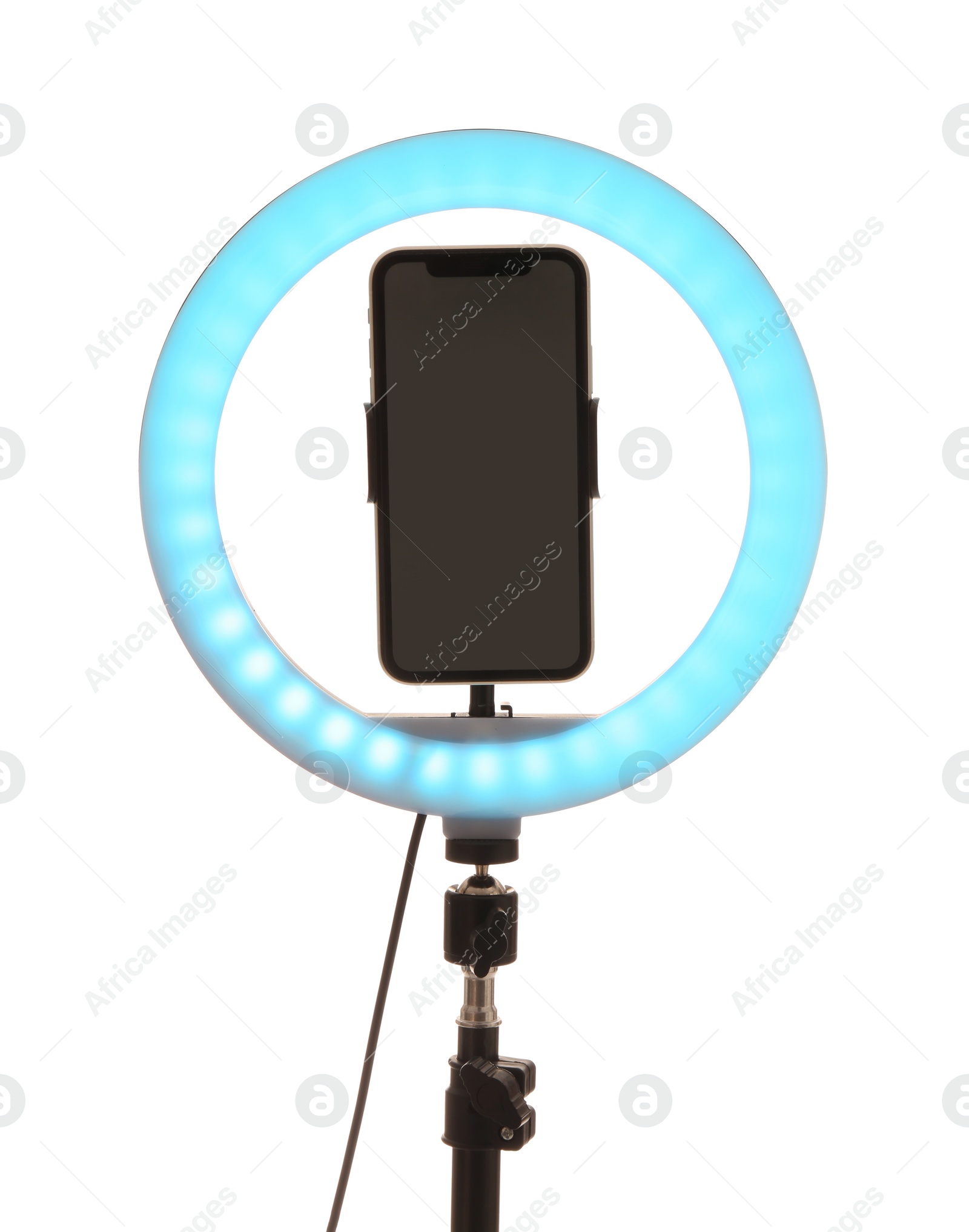 Photo of Tripod with ring light and smartphone isolated on white