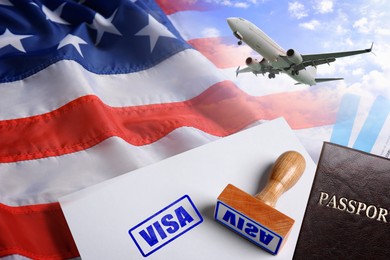 Image of Getting visa. Double exposure of airplane in sky and USA flag
