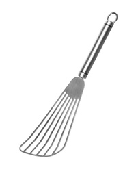 Photo of Slotted turner on white background. Kitchen utensils